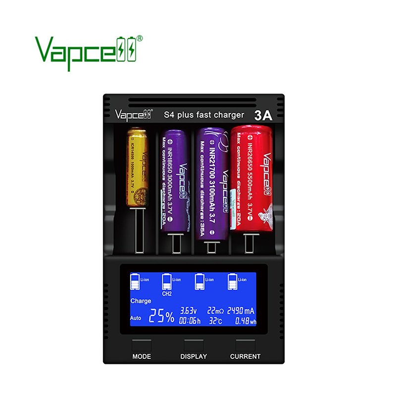 Chargeur Intelligent Vapcell S4 Plus V3.0 – 4 Slots 12A Lithium avec Adaptateur EU | Electronic Shop